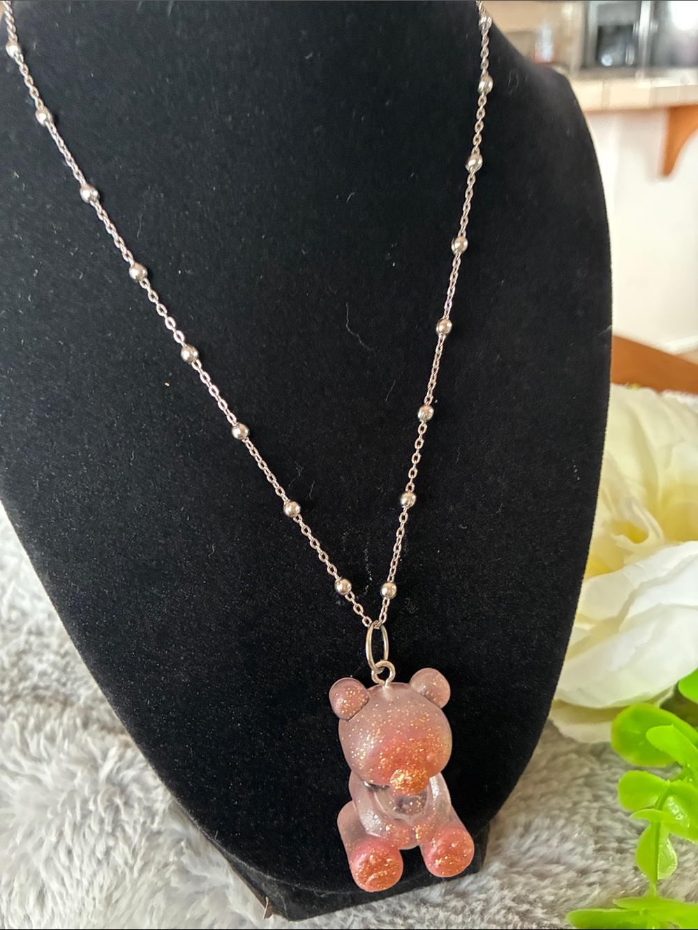 Rose Gold Glitter Bear Pendant Necklace - Women's Jewelry